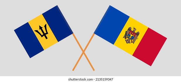 Crossed flags of Barbados and Moldova. Official colors. Correct proportion. Vector illustration
