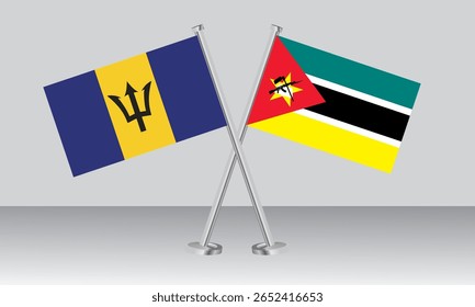 Crossed flags of Barbados and Mozambique. Official colors. Correct proportion. Banner design