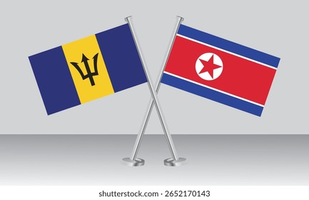 Crossed flags of Barbados and North Korea. Official colors. Correct proportion. Banner design
