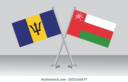 Bandeiras cruzadas de Barbados e Omã. Cores oficiais. Proporção correta. Design de banner
