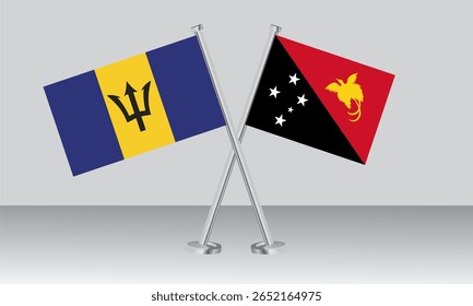 Bandeiras cruzadas de Barbados e Papua-Nova Guiné. Cores oficiais. Proporção correta. Design de banner