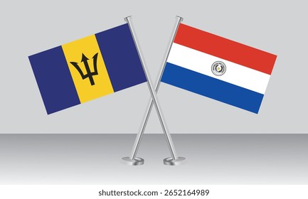 Crossed flags of Barbados and Paraguay. Official colors. Correct proportion. Banner design