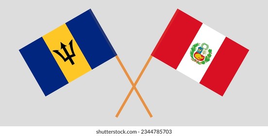 Crossed flags of Barbados and Peru. Official colors. Correct proportion. Vector illustration
