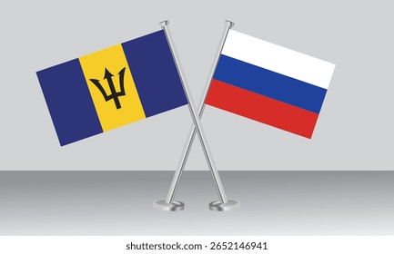 Crossed flags of Barbados and Russia. Official colors. Correct proportion. Banner design
