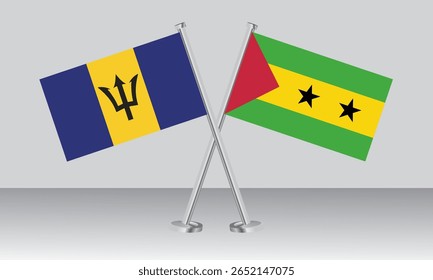 Bandeiras cruzadas de Barbados e São Tomé e Príncipe. Cores oficiais. Proporção correta. Design de banner