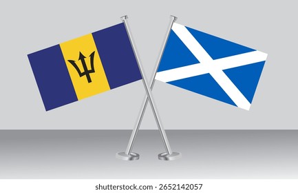 Crossed flags of Barbados and Scotland. Official colors. Correct proportion. Banner design