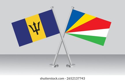 Crossed flags of Barbados and Seychelles. Official colors. Correct proportion. Banner design