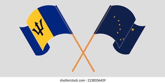 Crossed flags of Barbados and the State of Alaska. Official colors. Correct proportion. Vector illustration
