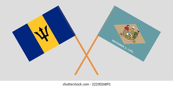 Crossed flags of Barbados and The State of Delaware. Official colors. Correct proportion. Vector illustration
