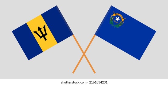 Crossed flags of Barbados and The State of Nevada. Official colors. Correct proportion. Vector illustration

