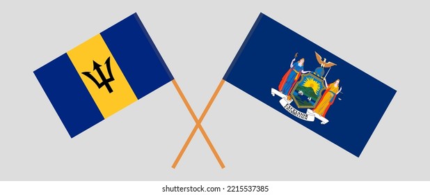 Crossed flags of Barbados and The State of New York. Official colors. Correct proportion. Vector illustration
