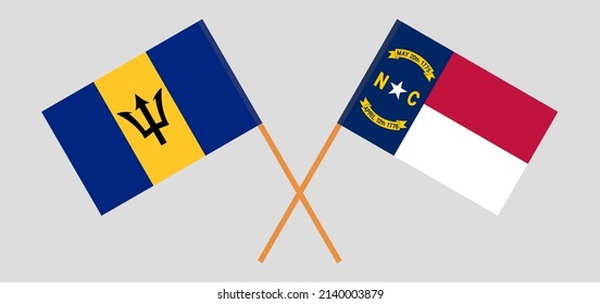 Crossed flags of Barbados and The State of North Carolina. Official colors. Correct proportion. Vector illustration
