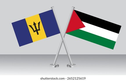 Bandeiras cruzadas de Barbados e Estado da Palestina. Cores oficiais. Proporção correta. Design de banner