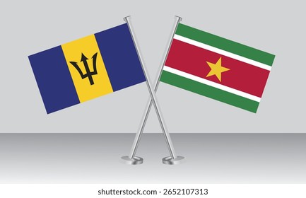 Crossed flags of Barbados and Suriname. Official colors. Correct proportion. Banner design