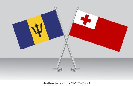 Crossed flags of Barbados and Tonga. Official colors. Correct proportion. Banner design