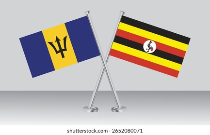 Crossed flags of Barbados and Uganda. Official colors. Correct proportion. Banner design