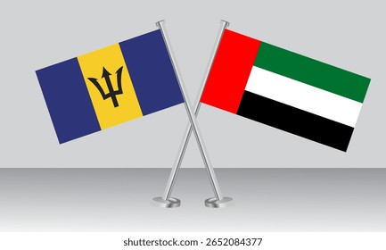 Crossed flags of Barbados and United Arab Emirates. Official colors. Correct proportion. Banner design