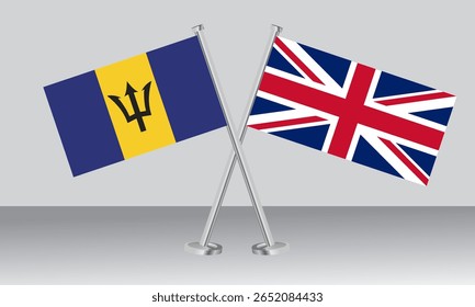 Bandeiras cruzadas de Barbados e Reino Unido (UK). Cores oficiais. Proporção correta. Design de banner
