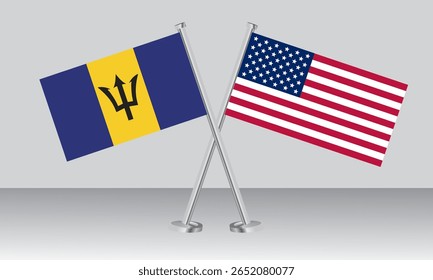 Crossed flags of Barbados and United State of America (USA). Official colors. Correct proportion. Banner design