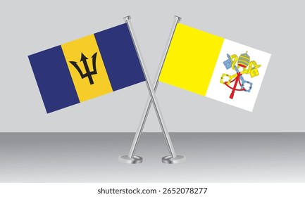 Crossed flags of Barbados and Vatican City. Official colors. Correct proportion. Banner design