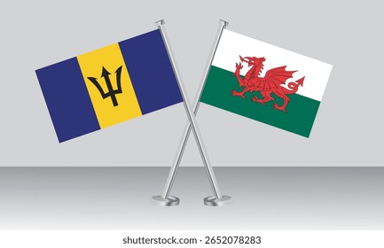 Crossed flags of Barbados and Wales. Official colors. Correct proportion. Banner design