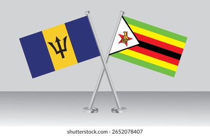 Crossed flags of Barbados and Zimbabwe. Official colors. Correct proportion. Banner design