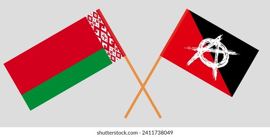 Crossed flags of Belarus and anarchy. Official colors. Correct proportion. Vector illustration
