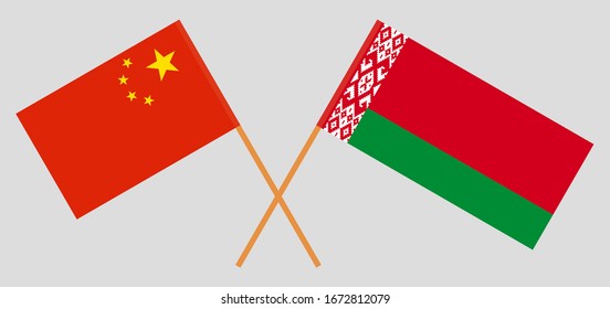 Crossed flags of Belarus and China. Official colors. Correct proportion. Vector illustration
