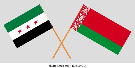 Crossed flags of Belarus and Interim Government of Syria. Official colors. Correct proportion. Vector illustration
