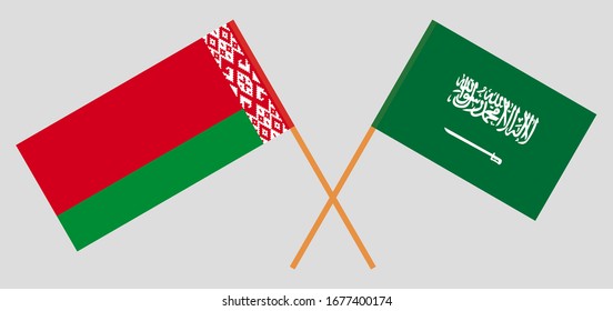 Gekreuzte Flaggen von Belarus und dem Königreich Saudi-Arabien. Offizielle Farben. Richtiger Anteil. Vektorillustration
