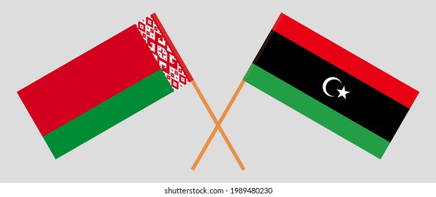 Banderas cruzadas de Bielorrusia y Libia. Colores oficiales. Proporción correcta