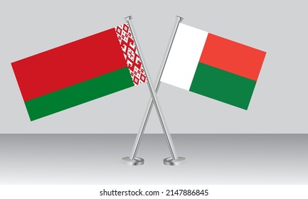 Crossed flags of Belarus and Madagascar. Official colors. Correct proportion. Banner design