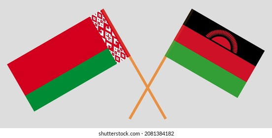 Banderas cruzadas de Bielorrusia y Malawi. Colores oficiales. Proporción correcta. Ilustración del vector
