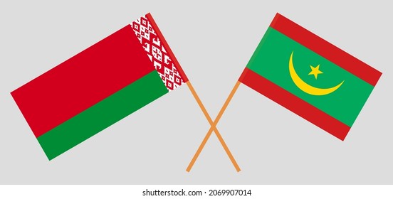 Gekreuzte Flaggen von Belarus und Mauretanien. Offizielle Farben. Richtiger Anteil