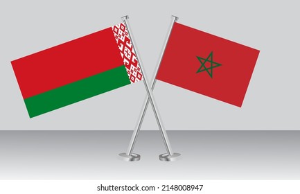Crossed flags of Belarus and Morocco. Official colors. Correct proportion. Banner design