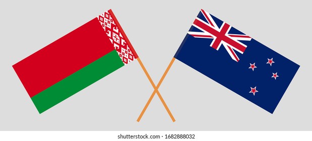 Crossed flags of Belarus and New Zealand. Official colors. Correct proportion. Vector illustration
