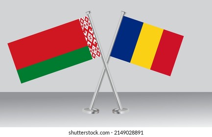 Banderas cruzadas de Bielorrusia y Rumania. Colores oficiales. Proporción correcta. Diseño de pancartas