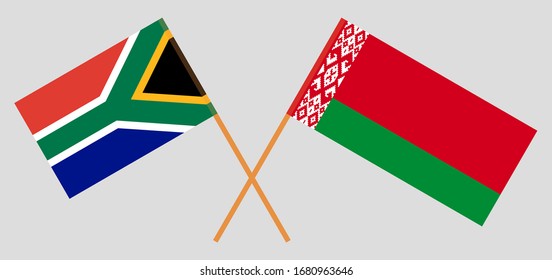 Gekreuzte Flaggen von Belarus und der RSA. Offizielle Farben. Richtiger Anteil. Vektorillustration
