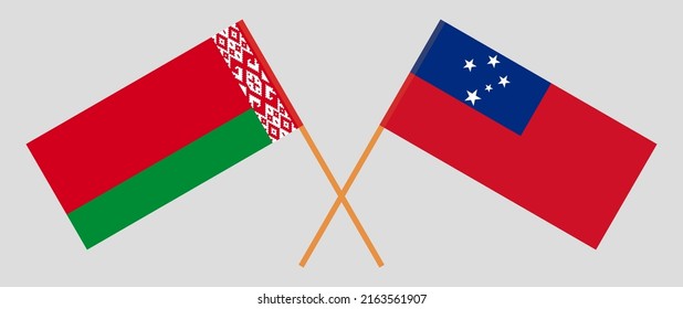 Gekreuzte Flaggen von Belarus und Samoa. Offizielle Farben. Richtiger Anteil. Vektorgrafik
