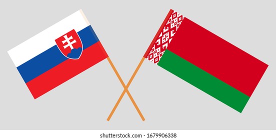 Crossed flags of Belarus and Slovakia. Official colors. Correct proportion. Vector illustration
