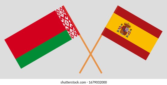 Crossed flags of Belarus and Spain. Official colors. Correct proportion. Vector illustration
