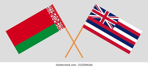 Banderas cruzadas de Belarús y el Estado de Hawaii. Colores oficiales. Proporción correcta. Ilustración del vector
