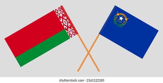 Crossed flags of Belarus and The State of Nevada. Official colors. Correct proportion. Vector illustration
