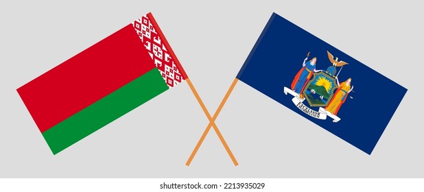 Banderas cruzadas de Belarús y el Estado de Nueva York. Colores oficiales. Proporción correcta. Ilustración del vector
