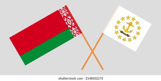 Banderas cruzadas de Bielorrusia y el estado de la isla Rhode. Colores oficiales. Proporción correcta. Ilustración del vector
