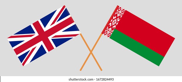 Crossed flags of Belarus and the UK. Official colors. Correct proportion. Vector illustration
