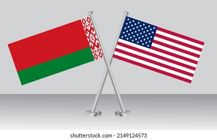 Crossed flags of Belarus and United State of America (USA). Official colors. Correct proportion. Banner design