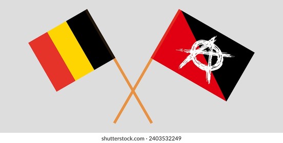 Crossed flags of Belgium and anarchy. Official colors. Correct proportion. Vector illustration
