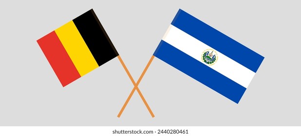 Crossed flags of Belgium and El Salvador. Official colors. Correct proportion. Vector illustration
