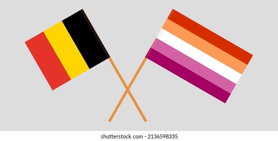 Crossed flags of Belgium and Lesbian Pride. Official colors. Correct proportion. Vector illustration